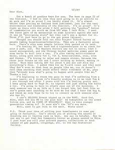 Correspondence from Lou Sullivan to Alyn Hess (May 1, 1987)