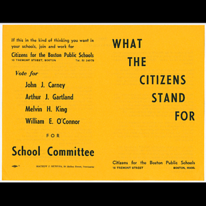 Flier by Citizens for Boston Public Schools about National Association for the Advancement of Colored People's (NAACP) demands regarding unsatisfactory conditions in schools and addressing racial imbalance