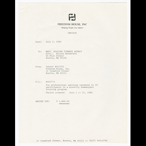 Invoice from Freedom House to Massachusetts Housing Finance Agency for ...
