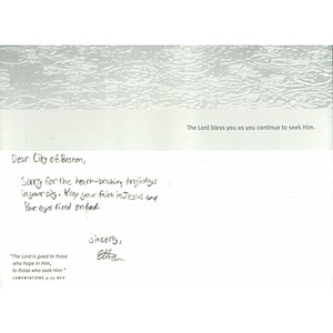 Condolence card from a St. Paul's First Lutheran School student (North Hollywood, California)