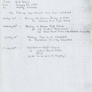 Handwritten memorandum from Wissa Z. Wissa to Carmen Pola containing her work schedule for the week of January 25, 1982