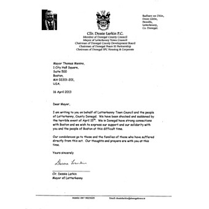 Letter of Support to the City of Boston from Cllr. Dessie Larken P.C., the Mayor of Letterkenney, Ireland.