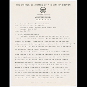 Memorandum from Charles Hambelton to Catherine Ellison about federal district court hearing held June 1, 1978