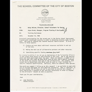 Memorandum from Joyce Grant to Betsy Nelson about training assistance