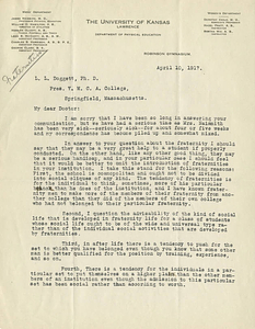 Letter response from James Naismith to Laurence L. Doggett about fraternities (April 10, 1917)