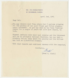 Letter and news articles regarding the death of Louis C. Schroeder (1961)