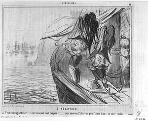 A SÉBASTOPOL. - C'est insupportable... Ces vaisseaux sont toujours........ pas moyen d'aller un peu flâner dans la mer noire!.. nous n'y serions pas blancs!....