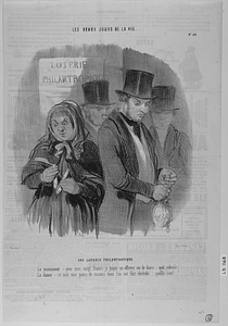 Une LOTERIE PHILANTROPIQUE. - Le monsieur... pour mes vingt francs je gagne un affreux sac de dame.. quel ridicule! - La dame... et moi une paire de rasoirs dont l'un est fort ébréché... quelle scie!