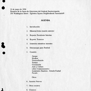 Agenda from Festival Puertorriqueño de Massachusetts, Inc. Board of Directors meeting on May 31, 1994