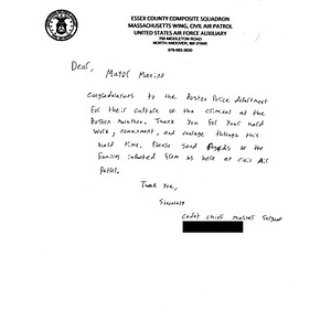 Letter of Sympathy from a Youth Cadet of the Essex County Composite Squadron, Massachusetts Wing, Civil Air Patrol, United States Air Force Auxiliary to the City of Boston