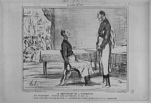 Le RESTAURANT DE L'EXPOSITION. - Pas de pratiques... ils n'ont donc pas faim tous ces gens-là!.... - Faut croire que ceux qui ont faim se contentent des croûtes qu'on a mises à leur disposition.