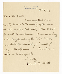 Letter from Leonard D. Abbott to Robert Morss Lovett, October 8, 1929