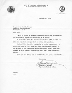 Letter to Congressman Paul E. Tsongas from Leonard O. MacPhail