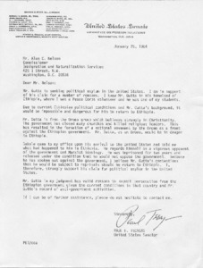 Letter to Alan C. Nelson from Senator Paul E. Tsongas supporting Mr. Gutta's request for political asylum in the United States