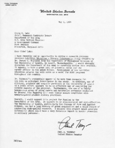 Letter to Craig D. Lebo from Senator Paul E. Tsongas regarding the research proposal entitled Nutrition Education - Dietary Intervention Study prepared by Dr. Jerome L. Hojnacki, University of Lowell