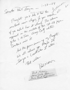 Letter from Paul Marion to Senator Paul E. Tsongas regarding newspaper article "In Appreciation of Sen. Tsongas, a Father" by Ellen Goodman and Poem "Merrimack Means Strong Place" by Paul Marion