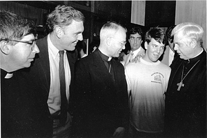 Unidentified priest, Mayor Raymond L. Flynn, unidentified priest, Ray Flynn, Jr., Bernard Cardinal Law