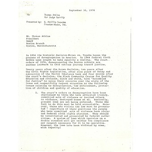 Letter, Thomas Atkins for Judge Garrity, September 30, 1974.