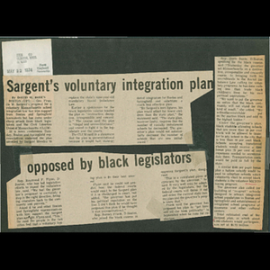 Sargent's voluntary integration plan opposed by Black legislators.