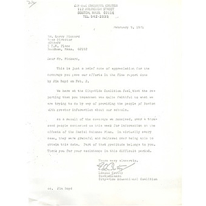 Letter, Larry Pickard of WCVB-TV, February 9, 1974.