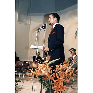 Speaker on stage during the inaugural ceremony at the Villa Victoria Cultural Center.