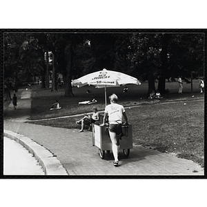 A teenage boy moves his ice juice cart on Boston Common