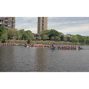 Boats line up on the Charles River before the start of the Dragon Boat Festival race