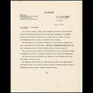 Press release advertising Freedom House Coffee Hour featuring Mr. and Mrs. George C. Grant of the International Missionary Association