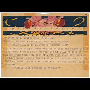 Telegram from Laurence Curtis, member of Congress, to Elwood S. McKenney, President of the Board of Directors Freedom House