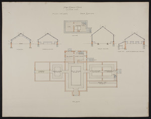 Overall first floor and cellar plans, and sections of vinery, greenhouse, palm house, rose and carnations houses, and violet pit, unsigned, undated