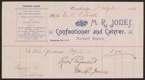 Billhead for M.R. Jones, confectioner and caterer, Harvard Square, Cambridge, Mass., dated July 1, 1889