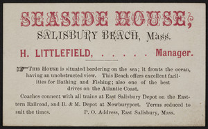 Trade card for the Seaside House, Salisbury Beach, Mass., undated