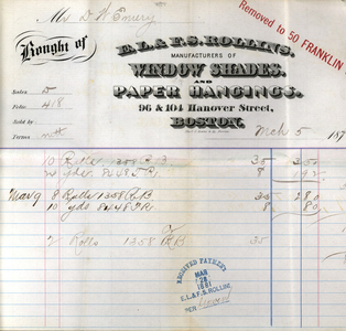 Billhead for E.L. & F.S. Rollins, manufacturers of window shades and paper hangings, 50 Franklin Street, Boston, Mass., dated March 5, 1881