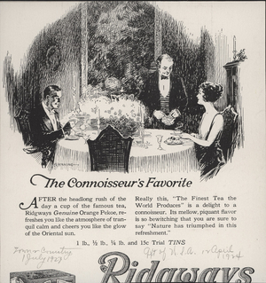 Advertisement for Ridgways Genuine Orange Pekoe Tea, Ridgways Inc., 60 Warren Street, New York, New York, July 1, 1923