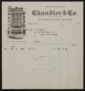 Billhead for Chandler & Co., 151 Tremont Street, Boston, Mass., dated November 30, 1914