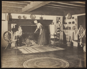 Woman in period costume cooking at the kitchen fireplace, Whipple House, Ipswich, Mass., ca. 1914