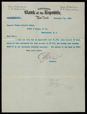 Charles H. Stout/National Bank of the Republic to Thomas Lincoln Casey, November 7, 1895