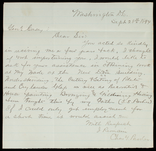 Charles Parker to Thomas Lincoln Casey, September 28, 1894