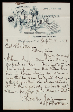 B. P. Watrous to Thomas Lincoln Casey, September 18, 1888