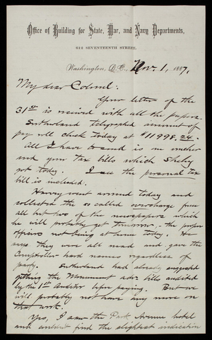 Bernard R. Green to Thomas Lincoln Casey, November 1, 1887