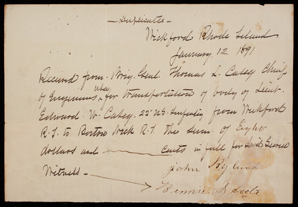 Receipt, Transportation of Leiutenant [Edward Wanton] Casey remains, January 12, 1891