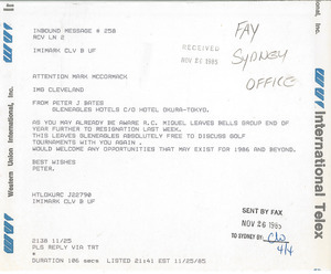 Telex printout from Peter J. Bates to Mark H. McCormack