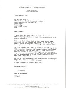 Letter from Mark H. McCormack to Masaaki Morita