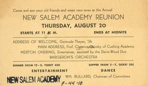 Invitation for Miss Floy Brown for the sixty-second annual New Salem Academy reunion