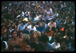 View of the crowd from the stage at the Woodstock Festival