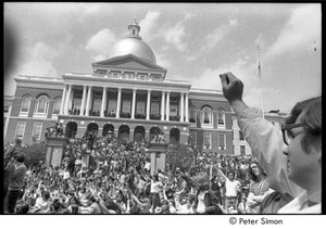 Kent State Shooting Demonstration at the Boston State House: protestors gathered on the State House steps and lawn