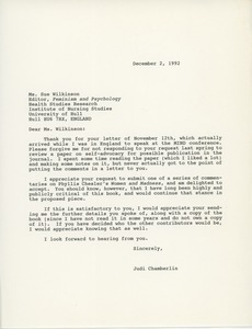 Letter from Judi Chamberlin to Sue Wilkinson