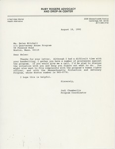 Letter from Judi Chamberlin to Helen Mitchell