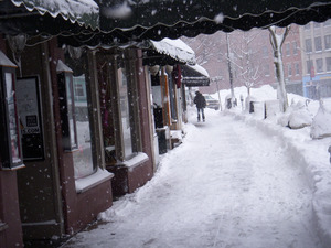 Pedestrian on the sidewalk along Main Street near Crafts Ave., Northampton, Mass., in heavy snow