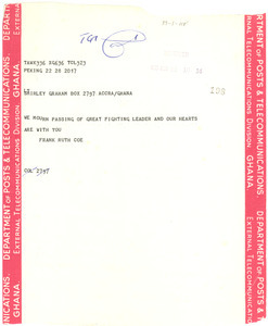 Telegram from Frank Ruth Coe to Shirley Graham Du Bois